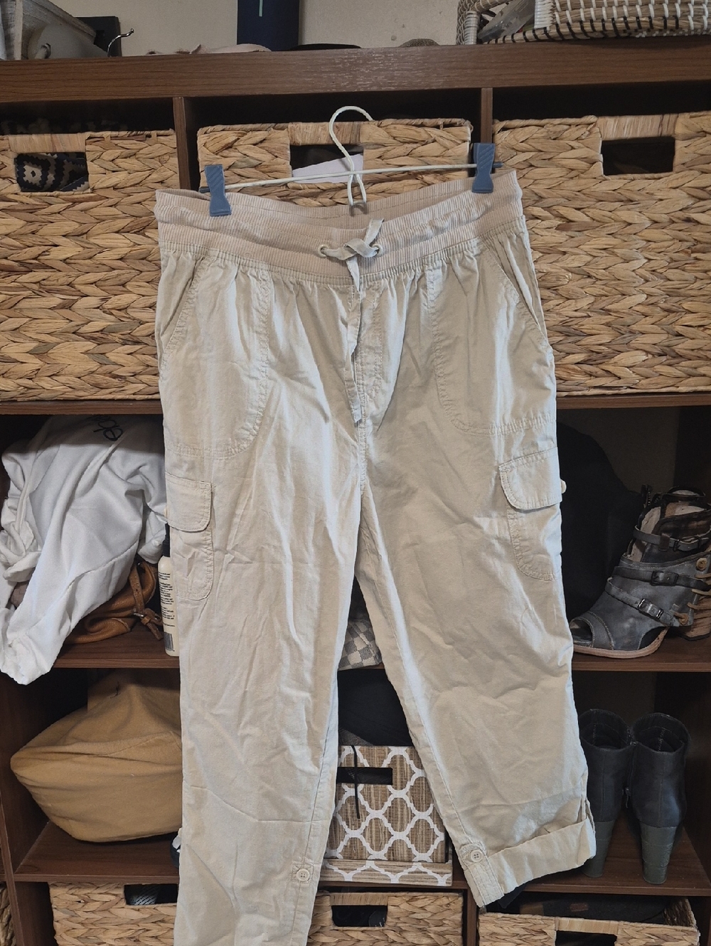 Woman Within Beige Elastic Waist Cargo Pants